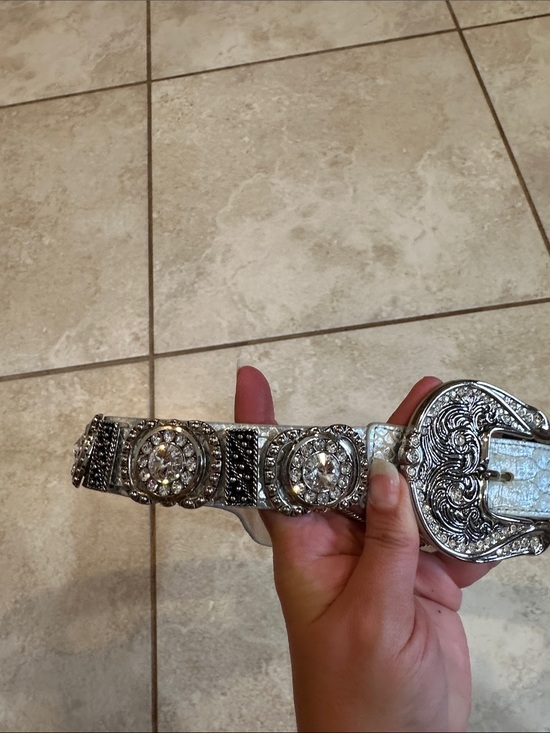 NWT! Christine Alexander Silver Leather Rhinestone Buckle Western Belt M Cowgirl main image 6